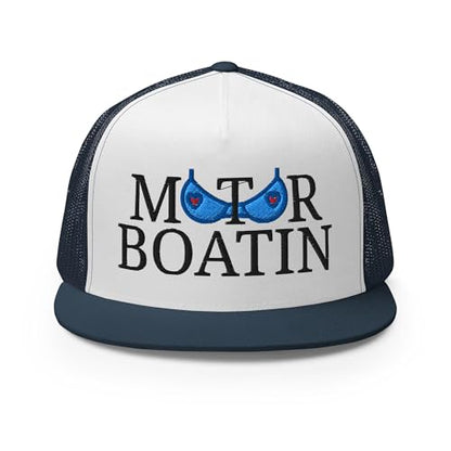NX Motor Boatin Embroidered Flat Bill Trucker Hat High Crown Snapback Cap - color: Navy/ White/ Navy