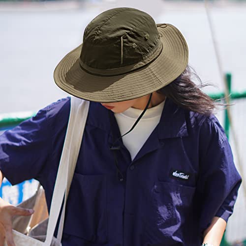 LumiSyne Unisex Two-Tone Bucket Hat Wide Brim Sun Hat UPF 50+ Adjustable Chin Strap Breathable Mesh Packable Boonie Hat - color: Khaki + Green, size: Large-X-Large