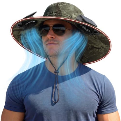 Zaximap Solar Fan Hat with Steel Brim for Men Women UPF 50+ Garden Outdoor Fishing Beach Essential - color: Deep Khaki