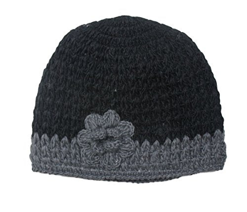 Wool Hand Knit Unisex Fleece Lined Ear Flap Beanie Sherpa Cap Hat Nepal - color: Black Rose