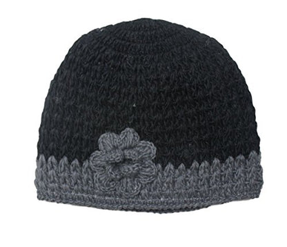 Wool Hand Knit Unisex Fleece Lined Ear Flap Beanie Sherpa Cap Hat Nepal - color: Black Rose
