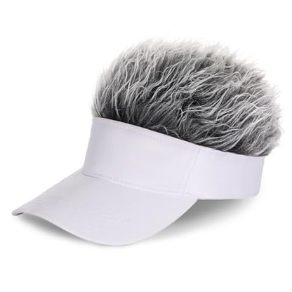 Adjustable Sun Visor Hat with Wig Spiked Hairs Fashion Baseball Golf Cap for Men & Women - color: White+grey Hair