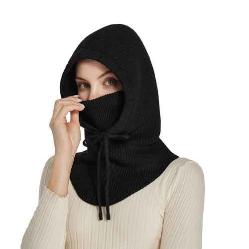 Knit Balaclava for Women Winter Hats Ski Mask Face Cover Neck Warmer - color: B-black