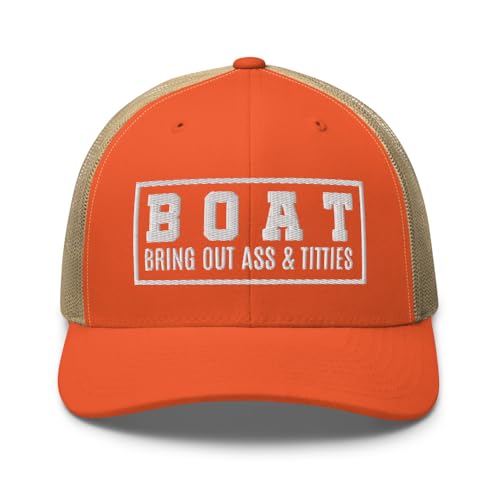 NG Boat Bring Out Ass and Titties Curved Bill Trucker Hat Mid Crown Adjustable Funny Adult Humor Cap - color: Rustic Orange/ Khaki