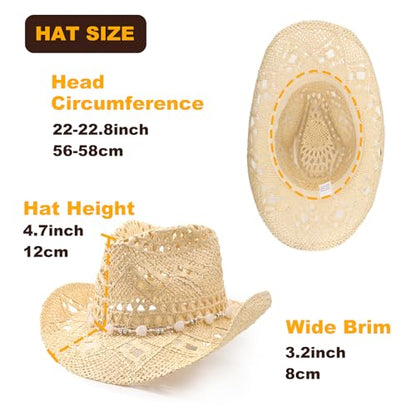 AQOKKA Straw Cowboy Hats for Women Men Western Cowgirl Hats with Shapeable Brim Woven Hollow Out Unisex Beach Roll Up Caps - color: Cowboy Hat : Beige