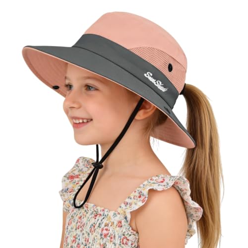 ZOORON Kids Girls Ponytail Sun Hat UPF 50+ Breathable Mesh Water-Resistant - color: Two-tone Pink