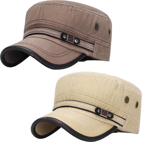 Cadet Army Hat 2 Pieces Flat Top Cap Unisex Military Hat for Women Men - color: Brown E + Beige E