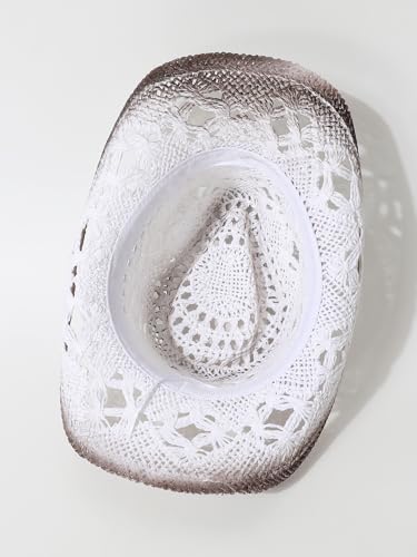 QWINEE Western Straw Cowboy Hat Cowgirl Hats Hollow Out Summer Beach Sun Hat for Women Men - color: White