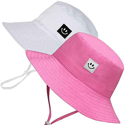 55cube Baby & Toddler Sun Hat UPF 50+ Bucket Hat with Chin Strap - color: 2pack White/Pink, size: 0-6 Months