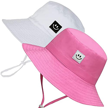 55cube Baby & Toddler Sun Hat UPF 50+ Bucket Hat with Chin Strap - color: 2pack White/Pink, size: 6-24 Months