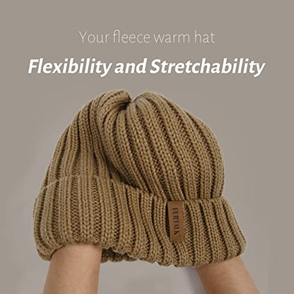 Fleece Lined Beanie Cable Knit Chunky Beanies Womens Snow Cap - color: Coffee