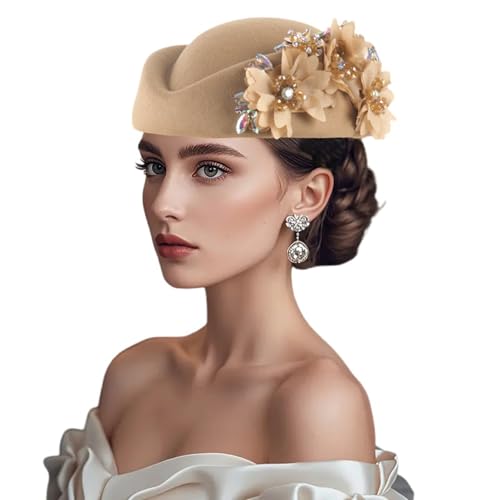 Women Vintage Church Hat Applique Felt Pillbox Hat Fascinator Tea Party Cap - color: Z1-khaki