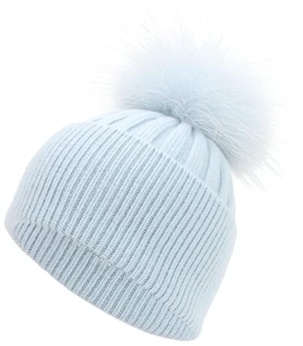 Women's Winter Ribbed Cuffed Beanie Skull Cap with Genuine Raccoon Fur Pom - color: Rc Blue
