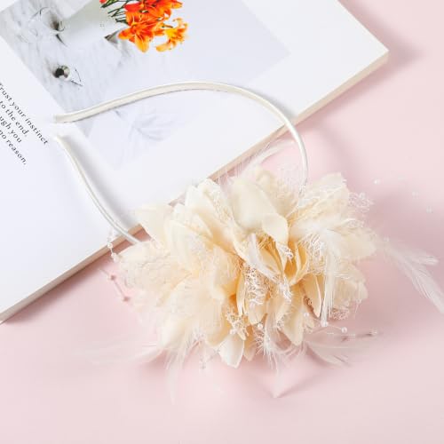 Womens Fascinators Hats Tea Party Feather Pearl Headband for Women, Wedding Cocktail Dresses Accessories - color: Beige