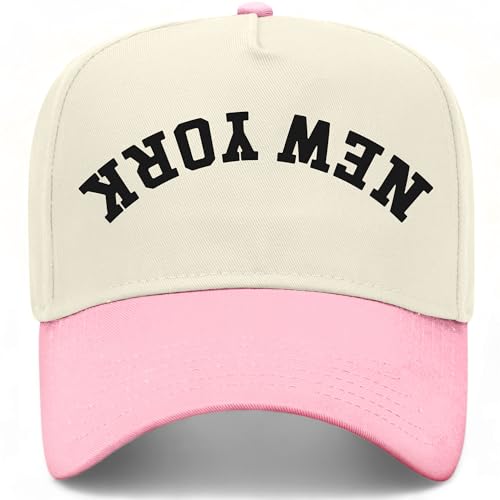 New York Upside Down Reversed Vintage Trucker Hat | Premium Snapback Baseball Hat for Men & Women - color: Light Pink/Natural