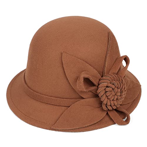 Ladies Wool Felt Bucket Hat Women Vintage Cloche Fedora Winter Church Bowler Hat with Bow - color: Khaki Rose