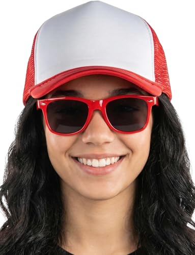 Funky Junque Blank Mesh Foam Lightweight Snapback Trucker Hat - color: Hat (Red/White) & Sunglasses (Red)