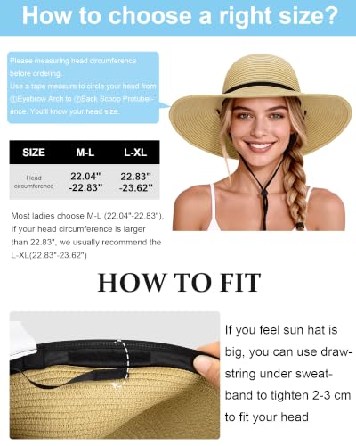 Sun Hats for Women, Summer Wide Brim Straw Beach Hat - color: Beige, size: X-Large