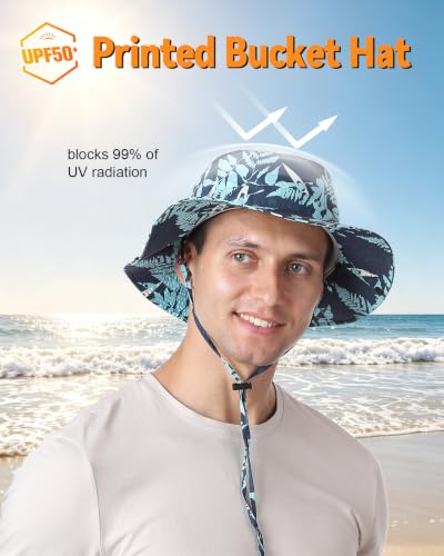 Printed Bucket Hat UPF 50+ Sun Hat, Women Men Roll-Up Brim Boonie Hat - color: Sky Blue