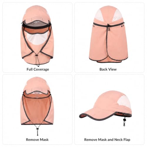 HUAMULAN Women Wide Brim Sun Hat Ponytail UV Protection Visor Fishing Cap - color: Pink With Foldable Visor