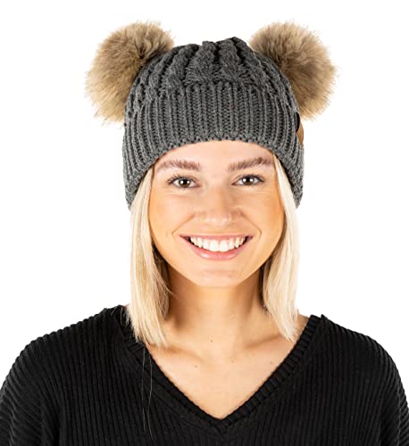 Funky Junque Women’s Double Pom Pom Beanie – Soft Knit Winter Hat for Women & Teens, Warm Cuffed Beanie with Faux Fur Poms - color: Charcoal/Natural Faux Fur, size: Small-X-Large