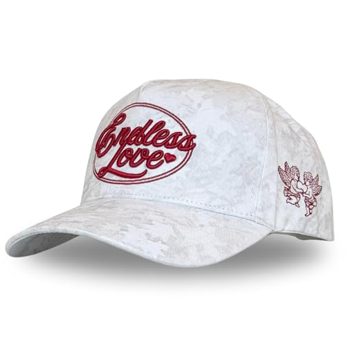 Vintage Fashion Trucker Hat | Men & Women | Trendy Cute Retro Red Caps for Country & Western | Camo Fur Cotton | Snapback - color: Endless Love | White Camo