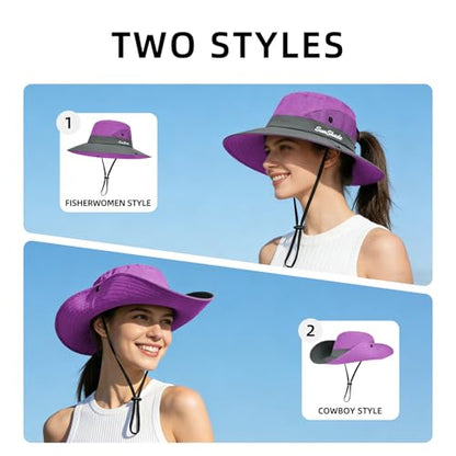 Rosoz Ponytail Sun Bucket Hats for Women UV Protection Foldable Wide Brim - color: 1-purple