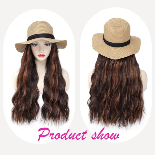 Hat Wig Panama Hat with Mix Brown Long Wave Hair Attached for Women Khaki Color Wide Brim Straw Beach Sun Hat Wig - color: K-Mbrown