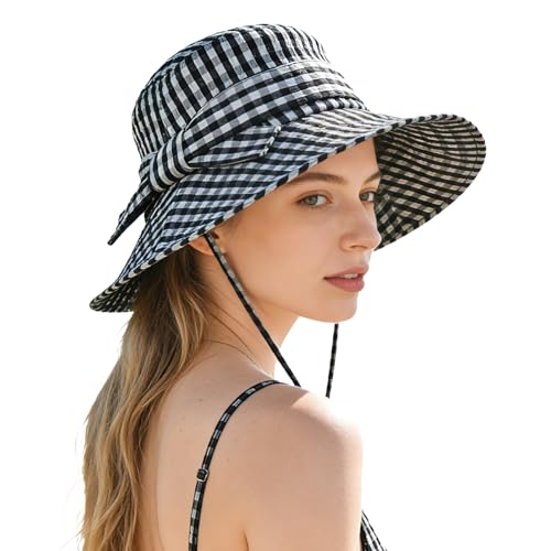 Women's Summer Plaid Sun Hat 100% Cotton Beach UV Protection Fishing Hat - color: Black
