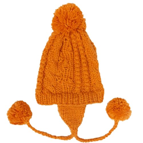 Women Winter Crochet Hat Cable Knit Beanie Ski Ear Flaps Pom Cap - color: Orange