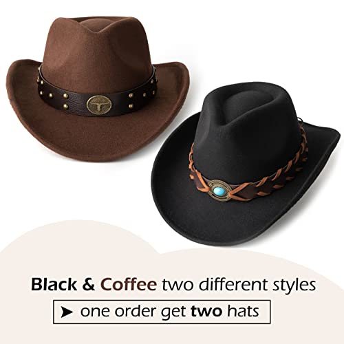 Western Cowboy Hat Felt Wide Brim Women Men Cowgirl Hats - color: Zh Group-black+coffee