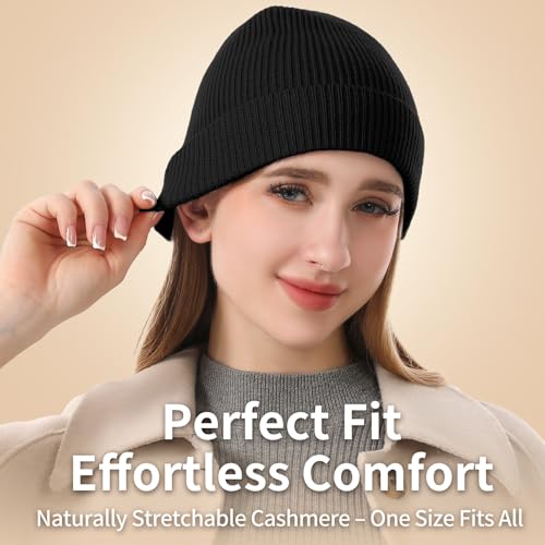 100% Cashmere Beanie for Women and Men, Soft Warm Winter Knit Hat - color: Black