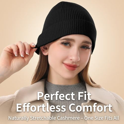 100% Cashmere Beanie for Women and Men, Soft Warm Winter Knit Hat - color: Black