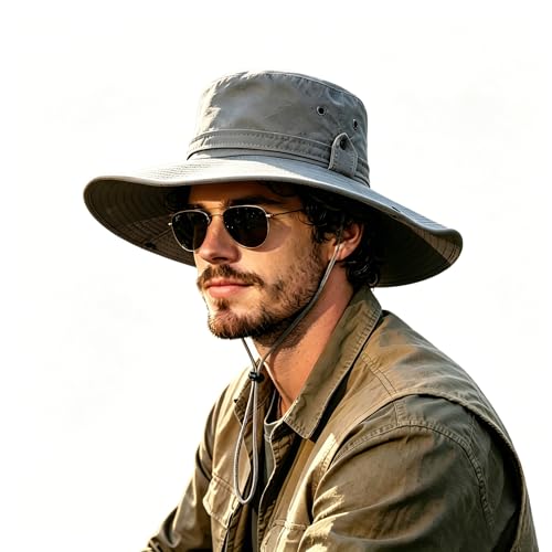 Sun Fishing Hat for Men UPF 50+ Wide Brim Boonie Hats for Summer - color: Light Gray