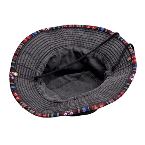 Bucket Hat for Men and Women, Wide Brim Floral Adjustable UV Protection Fishing Washed Sun Hats, Cowboy Hat - color: Black