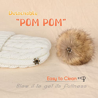 FURTALK Toddler Winter Hat Knit Beanie Double Faux Fur Pompoms Girls Boys - color: Cream White, size: 2-6 Years