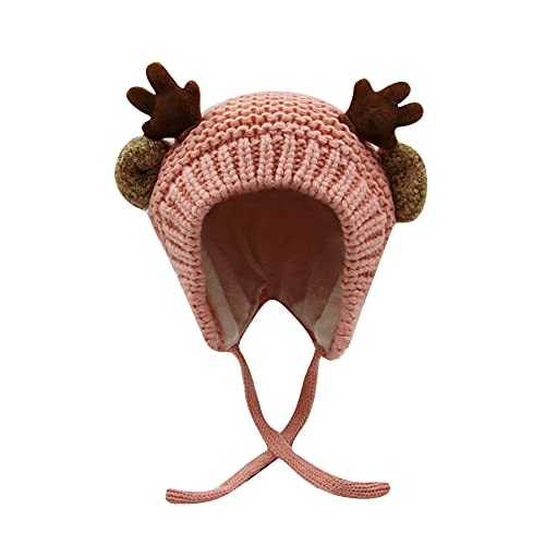 AIBEARTY Cute Deer Elk Antlers Baby Hat Winter Warm Plush Knitted Ear Warmer Bonnet Boys Girls Cap Beanie with Chin Strap - color: Pink