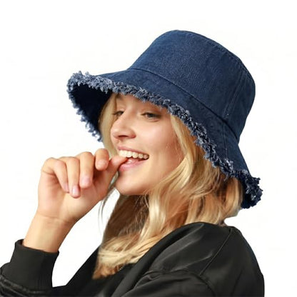 CHOK.LIDS Frayed Bucket Hat Washed Cotton Floppy Wide Brim Boonie Cap - color: Dark Denim