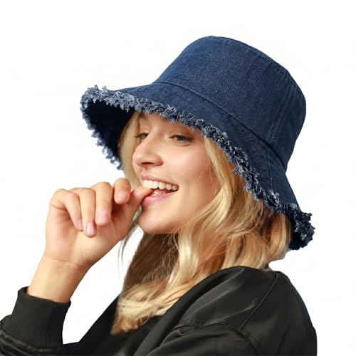 CHOK.LIDS Frayed Bucket Hat Washed Cotton Floppy Wide Brim Boonie Cap - color: Dark Denim