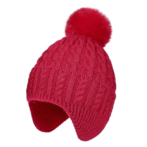 MEJORMEN Toddler Baby Winter Hat with Earflap Kids Warm Twisted Knit Beanie with Pom Pom Kids Ski Hat for Infant Girls Boys - color: Red, size: 6-24 Months