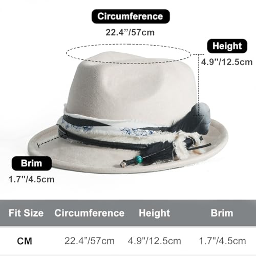 Fedora Trilby Hats for Men Women Handmade 1920s Classic Short Brim Hat with Feathers Unisex - color: Cream