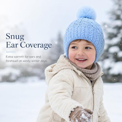 Toddler Baby Winter Hat with Earflap Kids Warm Twisted Knit Hat Infant Pom Pom Beanie Ski Cap for Baby Girls Boys - color: Blue, size: 6-24 Months