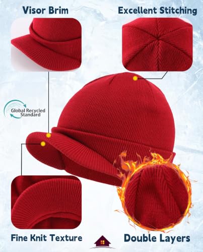 Home Prefer Men's Winter Beanie Hat with Brim Warm Double Knit Cuff Beanie Cap Watch Radar Hat - color: Red
