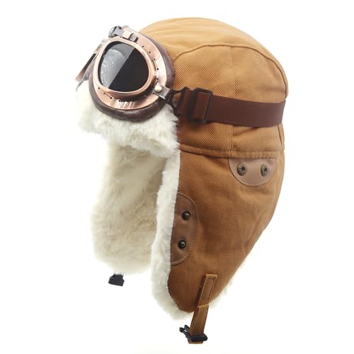 Adults Vintage Aviator Hat Trapper Cap - color: Camel Hat+smoke Lenses