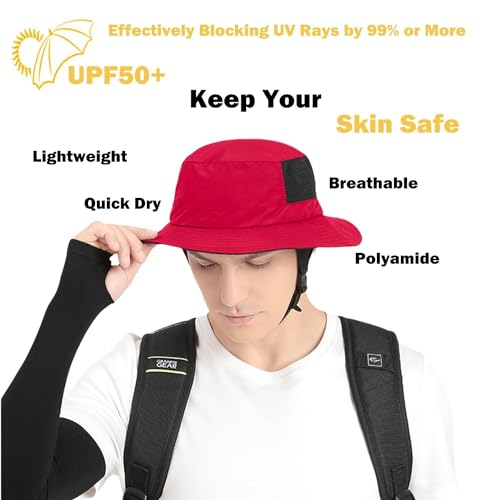 Mens Womens Surf Bucket Hat Waterproof UPF50+ Foldable Beach Sun Hats - color: Red