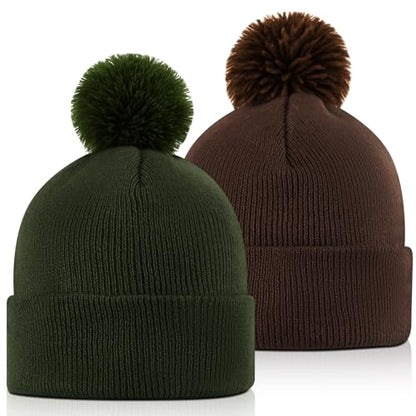 Geyoga 2 Pcs Pom Beanie Hat Men Women Winter Hat Pom Knit Cap Beanies with Ball at Top Acrylic Winter Cap with Cuff - color: Coffee, Dark Green, style: Classical