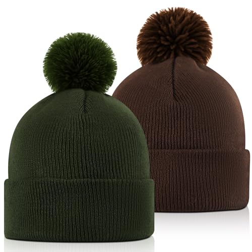 Geyoga 2 Pcs Pom Beanie Hat Men Women Winter Hat Pom Knit Cap Beanies with Ball at Top Acrylic Winter Cap with Cuff - color: Coffee, Dark Green, style: Classical