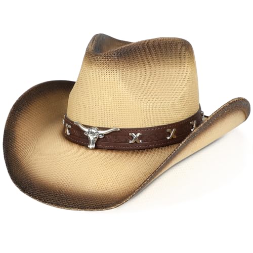 WQWOVRVO Cowboy Hat,Cowgirl Hat,Western Cowboy Hats for Women/Mens/Straw Wide with Shapeable Brim Cowboy Hat for Womens - color: Beige & Coffee