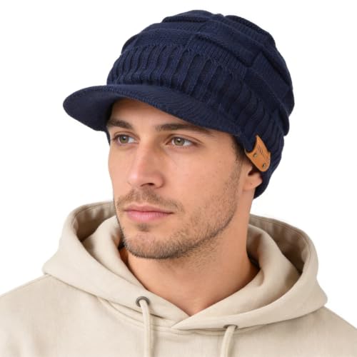 Ruphedy Mens Beanie with Brim Winter Hat Knitted Thick Fleece Visor Beanie - color: B322-navy