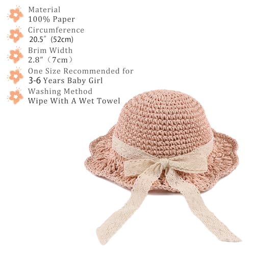Baby Girl Straw Hat 3-6 Years Girls Summer Beach Hats with Bowknot Sun Protection Hats for Kids - color: Pink